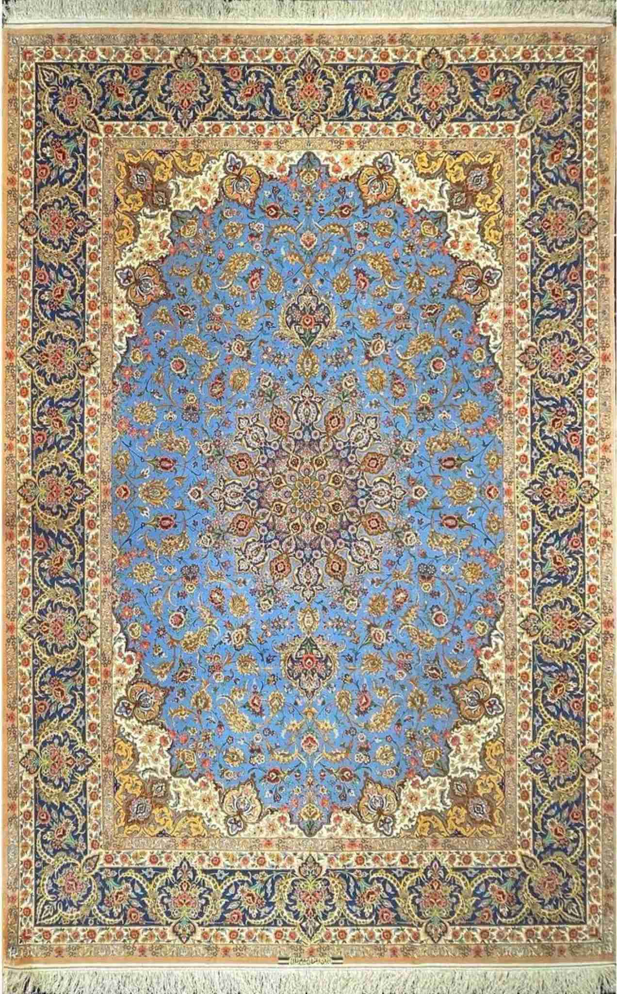 "Hand-Knotted Isfahan Sheikh Bahaie Rug, 350x250 cm, Silk and Wool Blend"